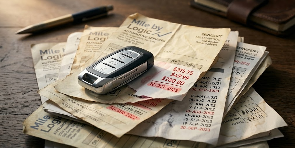 Car key on top of accumulated repair receipts showing the reality of ownership costs