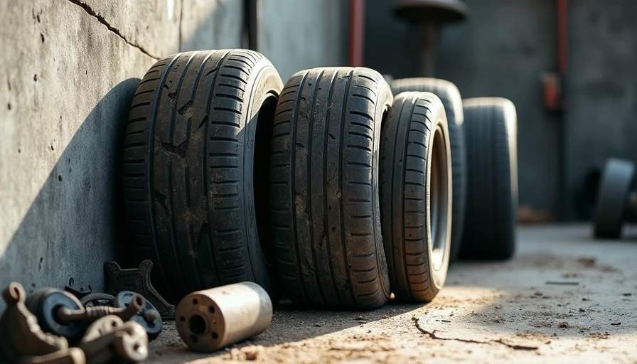 Worn tires and maintenance parts showing the reality behind cheap used cars