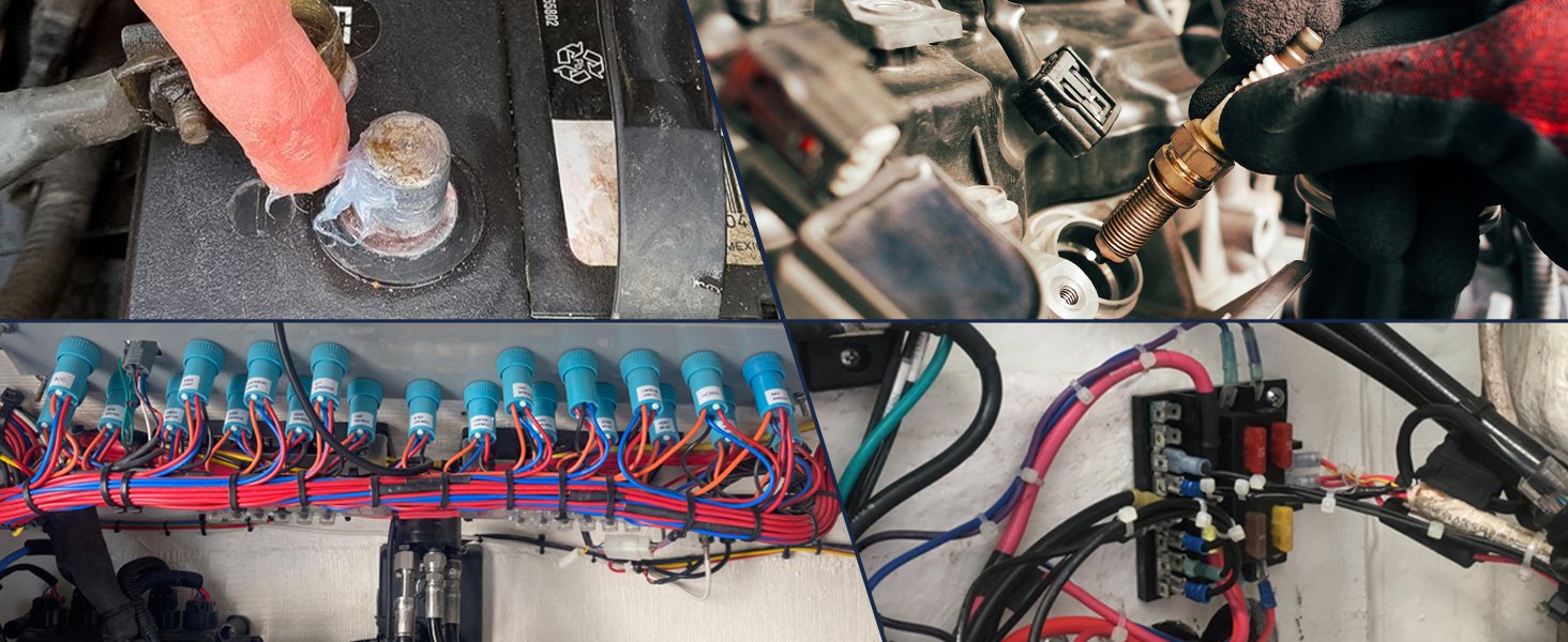 BTAS Multi-Function Silicone Grease with PTFE, showing application on Chnt electrical terminal blocks in an image for Multi-Purpose Synthetic Lubricant.