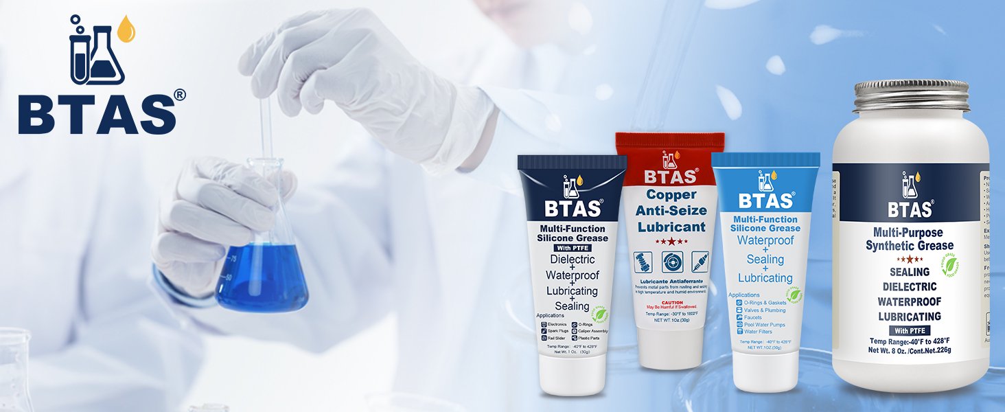 BTAS Multi-Purpose Synthetic Grease and Silicone Lubricant product lineup with laboratory background