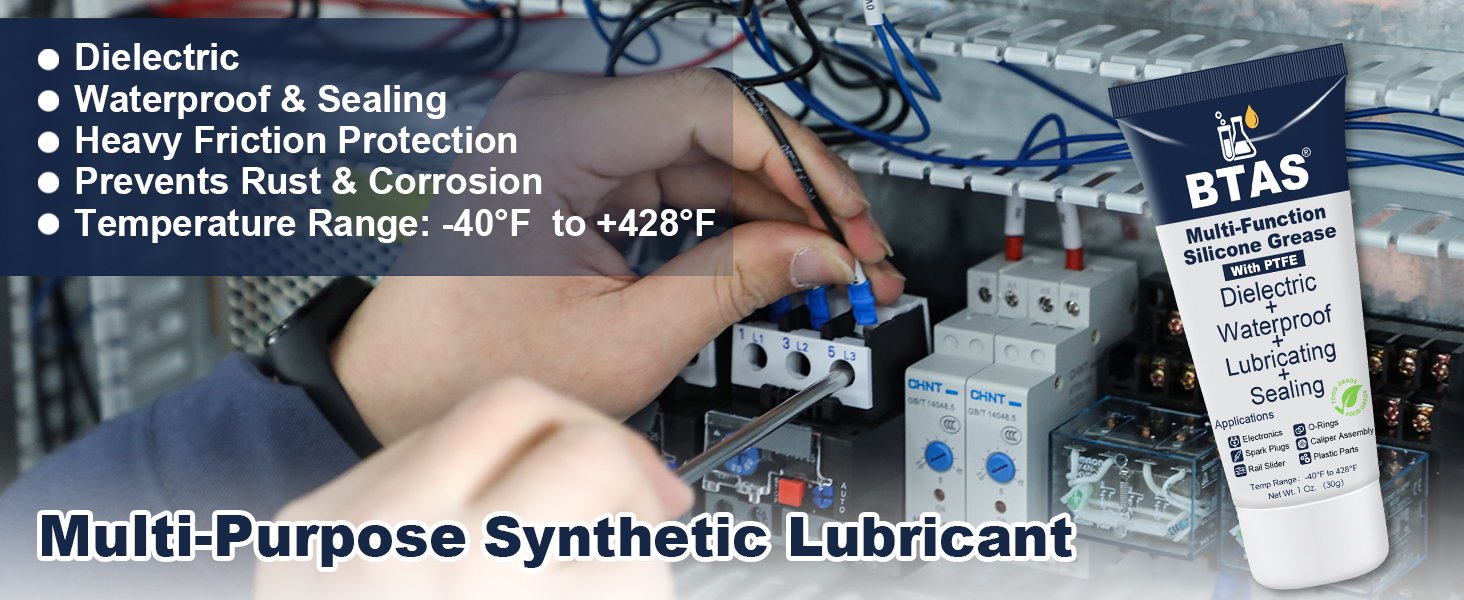 BTAS Multi-Function Silicone Grease with PTFE for electrical application, featuring key benefits like dielectric, waterproof sealing, and rust prevention.